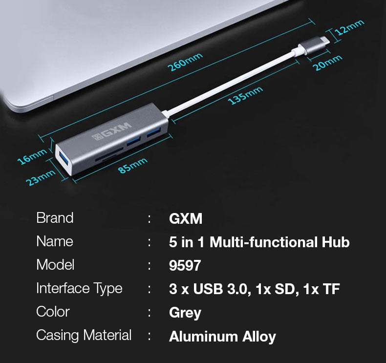 GXM 5 IN 1 Mult-function Hub Type-C Hub 3x USB 3.0 1x SD TF Card Slot Laptop Mobile Phone 9597