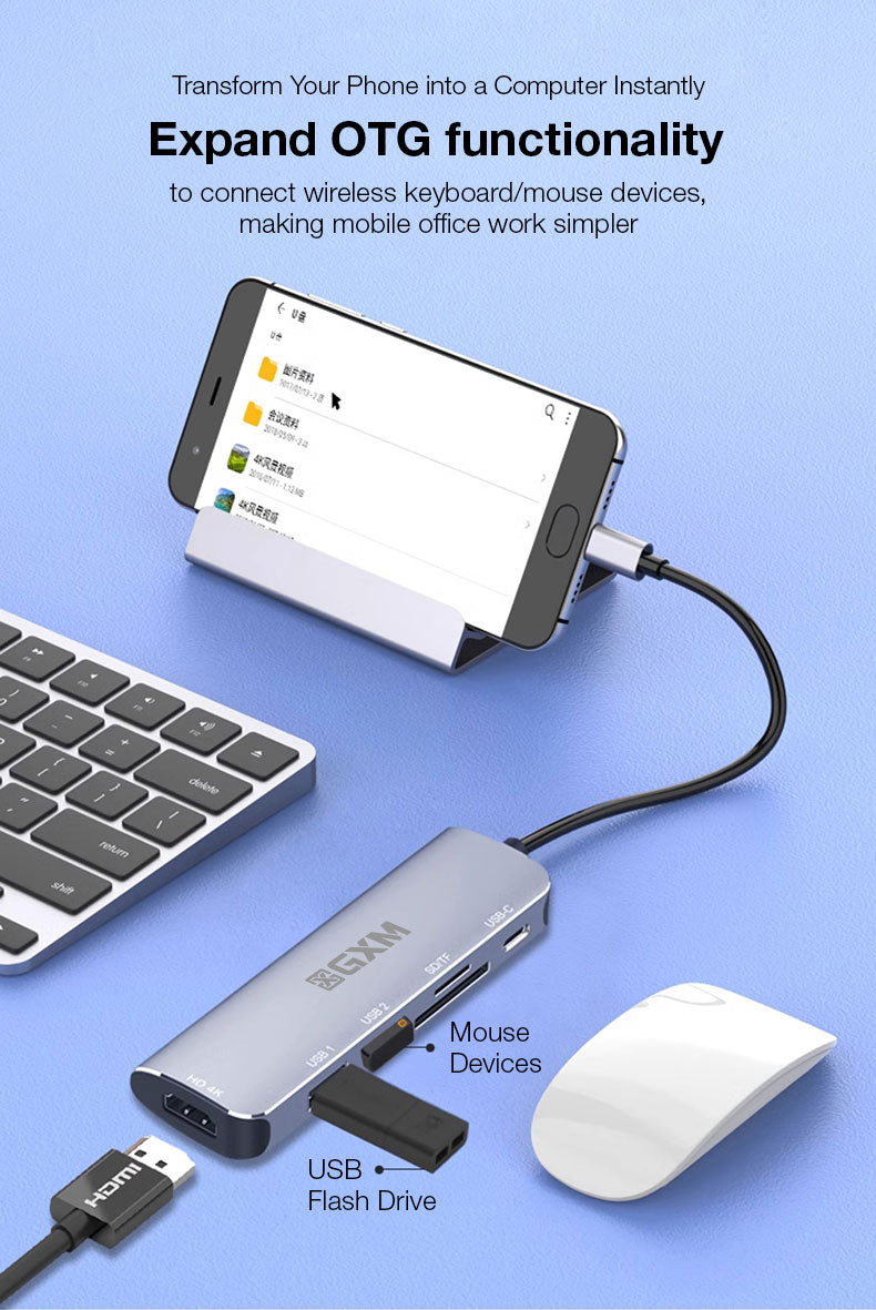 GXM 6 IN 1 USB-C Multi-function Dock Station 4K HDMI PD3.0 USB SD TF Card Slot Laptop Mobile Phone Hub 95116D