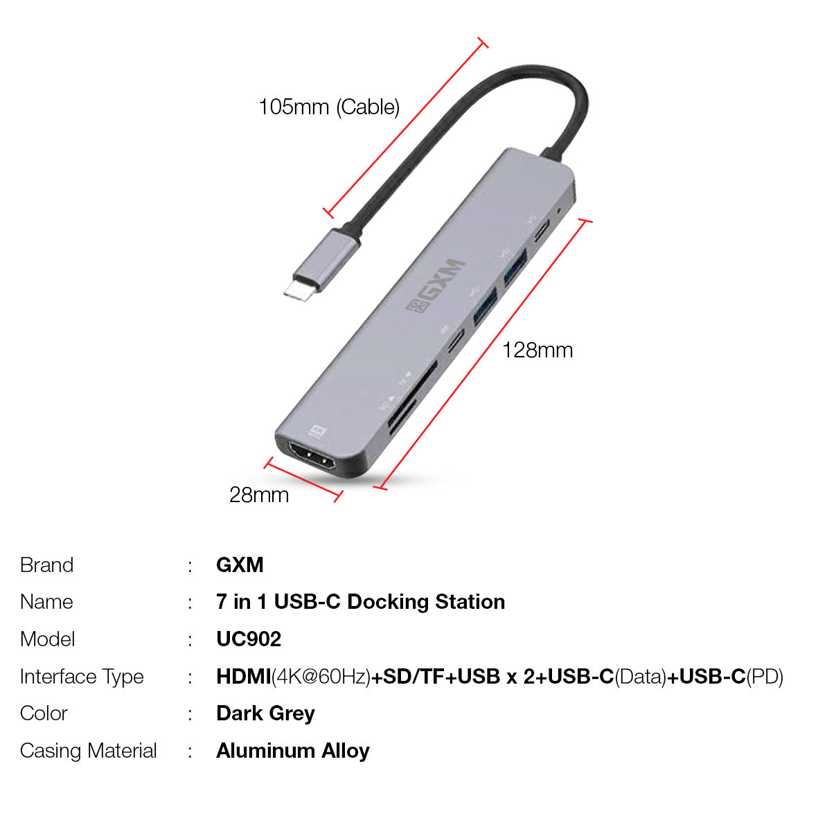 GXM 7 IN 1 USB-C Docking Station Hub HDMI PD Charging Type-C Hub 2x 1x SD TF Card Slot Laptop Mobile Phone UC902