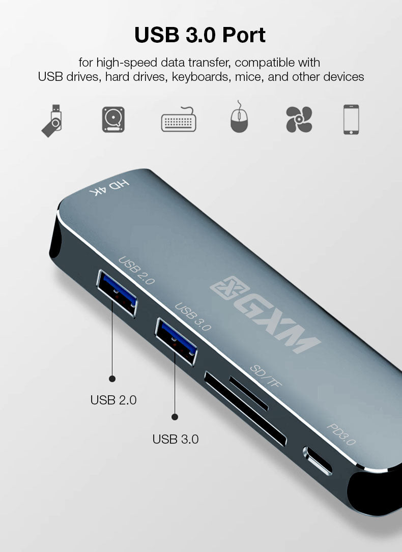 GXM 6 IN 1 USB-C Multi-function Dock Station 4K HDMI PD3.0 USB SD TF Card Slot Laptop Mobile Phone Hub 95116D