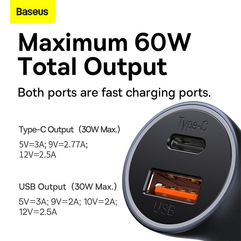 Baseus 60W Car Charger Quick Charge 4.0 3.0 Type C PD Fast Charging FCP SCP AFC Car Charger For Xiaomi iPhone 15 Pro Max Huawei Samsung
