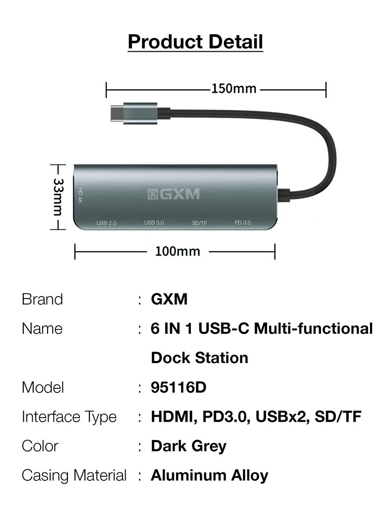 GXM 6 IN 1 USB-C Multi-function Dock Station 4K HDMI PD3.0 USB SD TF Card Slot Laptop Mobile Phone Hub 95116D