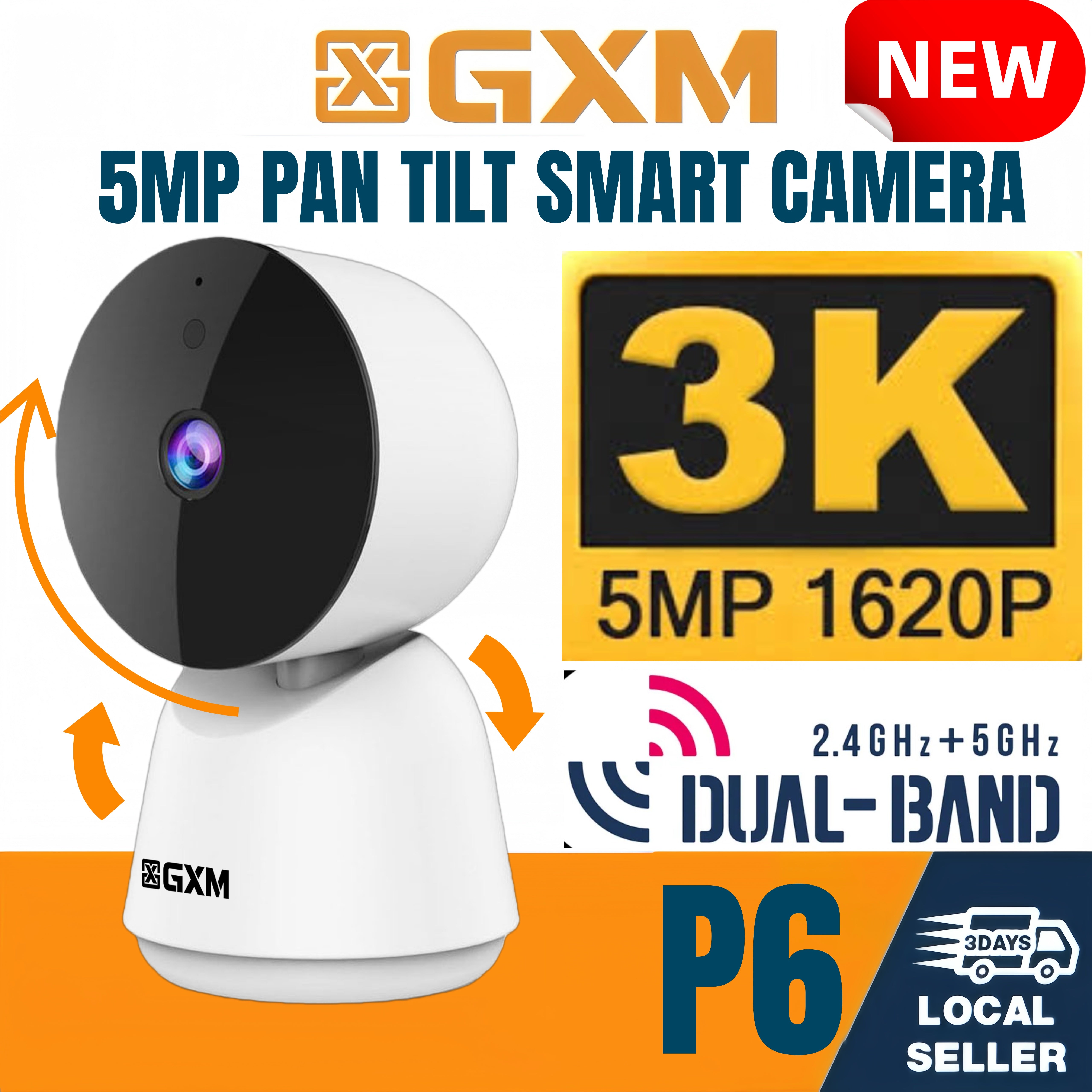 GXM P6 5MP 3K Smart Camera CCTV Baby Monitor Night Vision 360 Rotation DualBand IP Security Camea Dual-Band WiFi 2.4G/5G | 360° Auto Tracking | Night Vision | AI Detection | 2-Way Audio | Supports PC Web Viewing | Up to 256GB SD | SG 1-Year Warranty