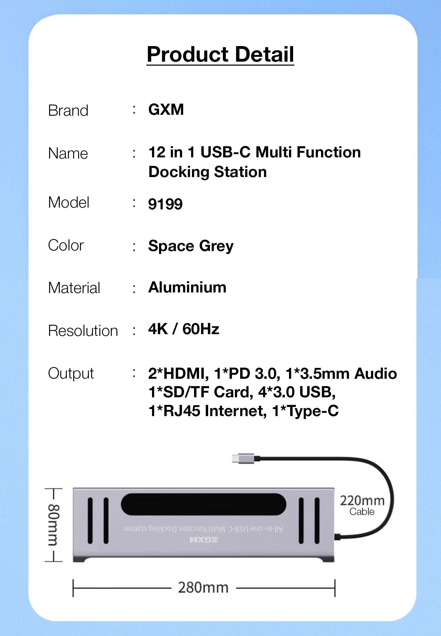 GXM 12 in 1 Hub Type-C Multi Function Docking Station 4K Resolution 60Hz USB 3.0 RJ45 1000Mbps Internet USB 3.0 Hub