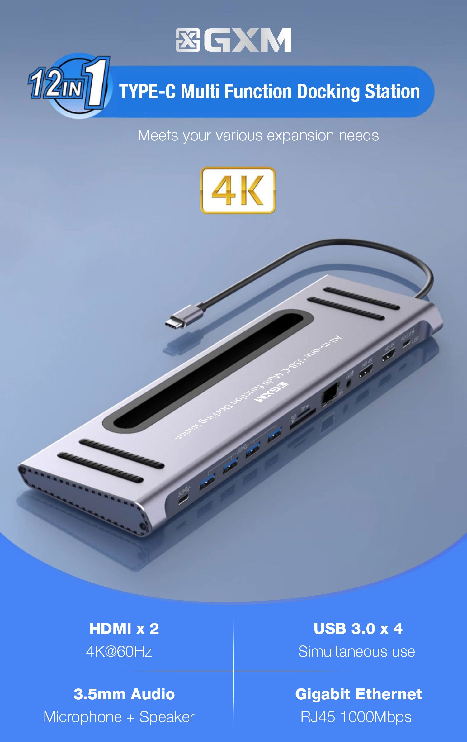 GXM 12 in 1 Hub Type-C Multi Function Docking Station 4K Resolution 60Hz USB 3.0 RJ45 1000Mbps Internet USB 3.0 Hub