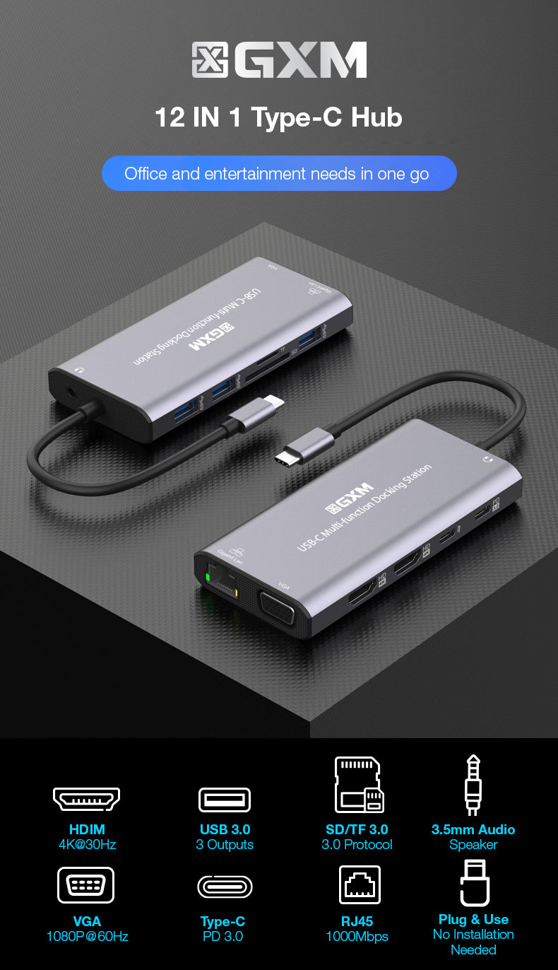GXM 12 IN 1 USB-C Multi-function Hub 2x HDMI RJ45 LAN Type-C PD Charging TF SD Card Slot 3x USB Laptop Phone UC601