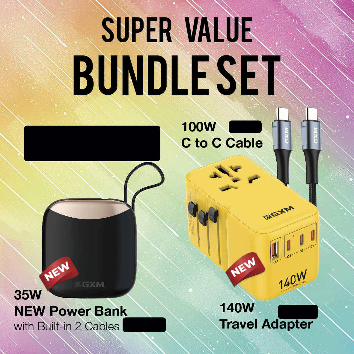 GXM 140W GaN Travel Adapter 150 Countries Charge Laptop Phone Tablet 3 Products Fast Charging Samsung SFC 2.0