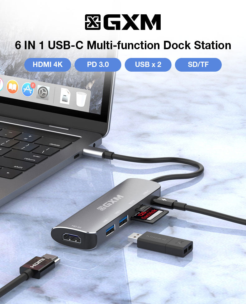 GXM 6 IN 1 USB-C Multi-function Dock Station 4K HDMI PD3.0 USB SD TF Card Slot Laptop Mobile Phone Hub 95116D
