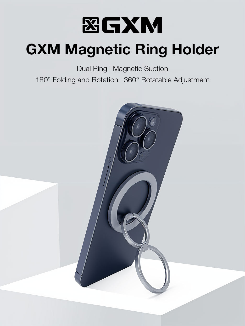 GXM Magnetic Foldable Metal Ring 2 Fold Strong Magnet 180° Flip 360° Rotation Landscape Portrait for Phones