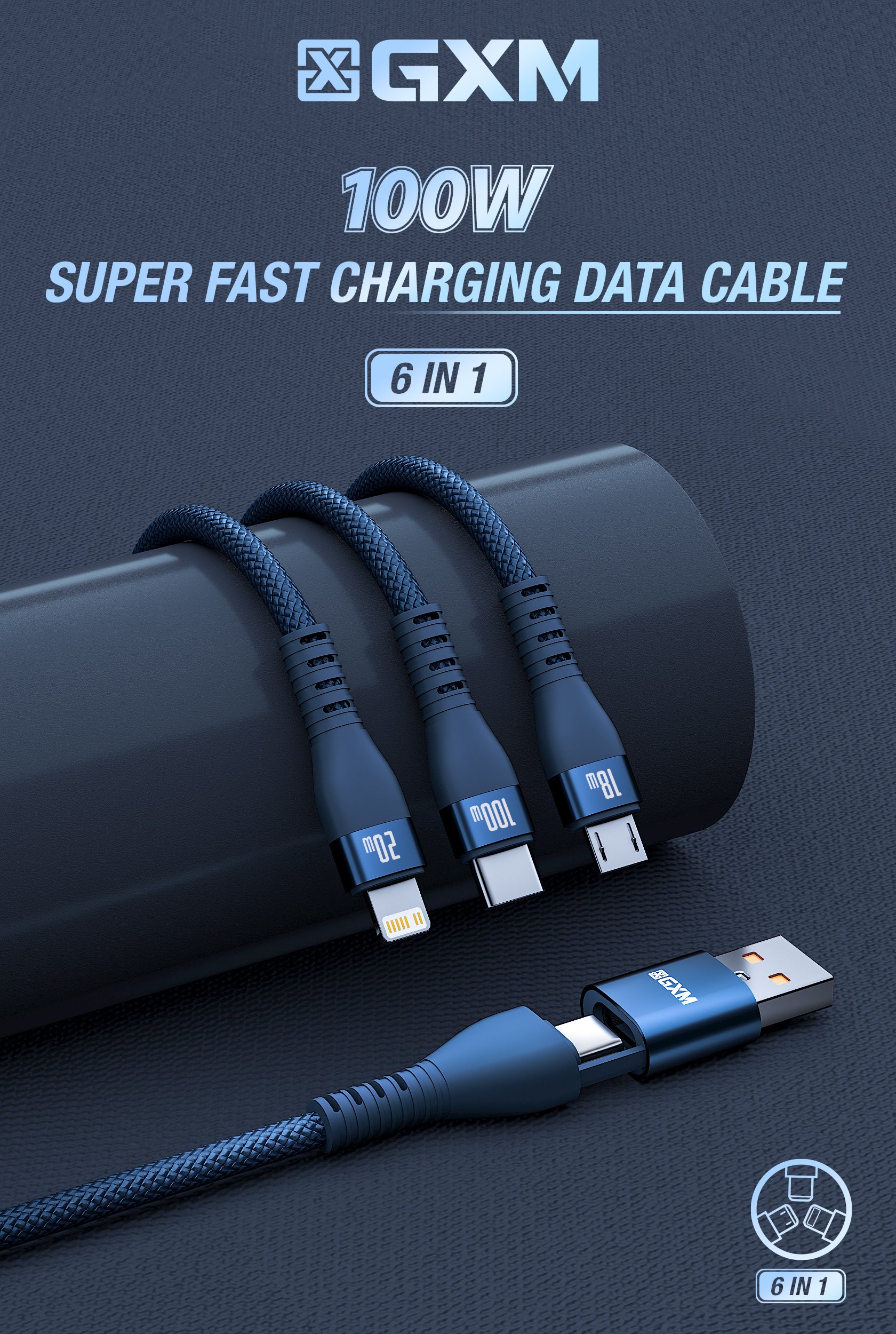 GXM 6 in 1 PD100W Quick Charging Data Cable for Laptop Tablets Phones iP Type-C MicroUSB and Data Transfer Cable