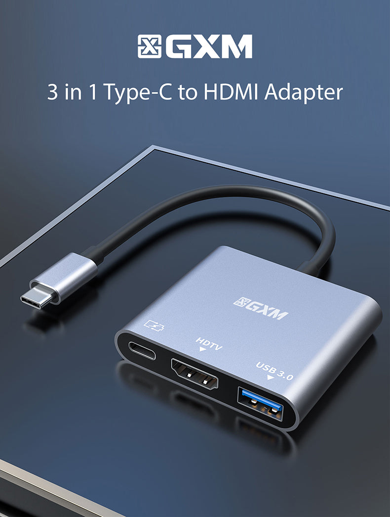 GXM 3 IN 1 Type-C to HDMI Adapter HDMI PD Charging USB Laptop Mobile Phone Hub 9175