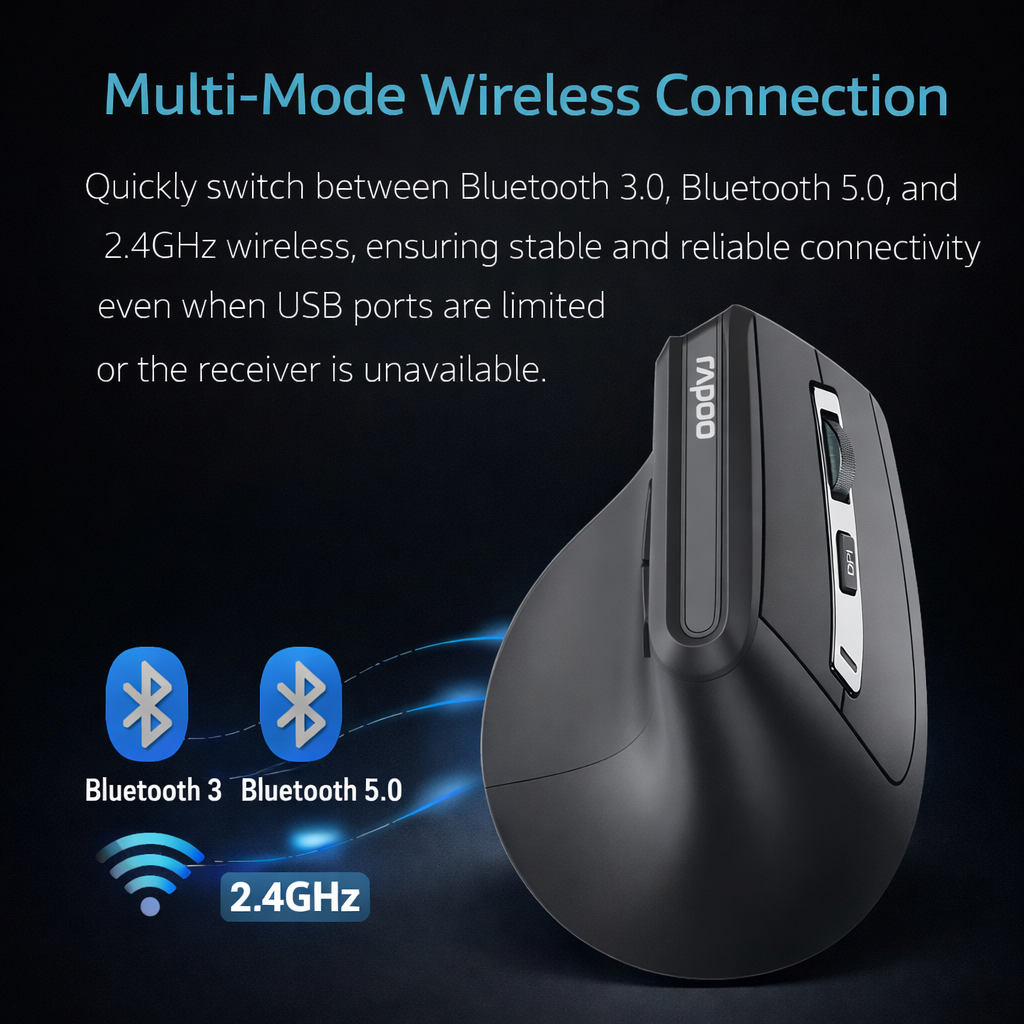 RAPOO EV310M Vertical Ergonomic Wireless Mouse | Bluetooth 3.0/5.0 & 2.4GHz | 2400 DPI | Dual Device | 9 Months Battery