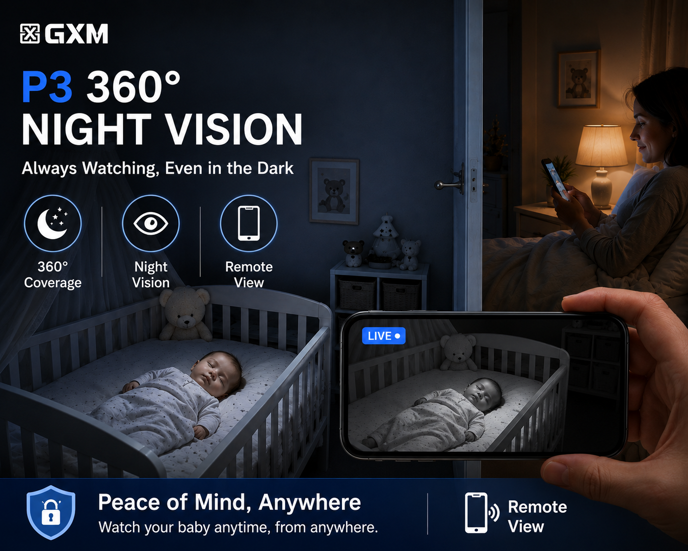 GXM P3 2K 3MP CCTV Security Camera 360° WiFi IP Camera Baby Monitor Pet Indoor Home Surveillance Security Camera