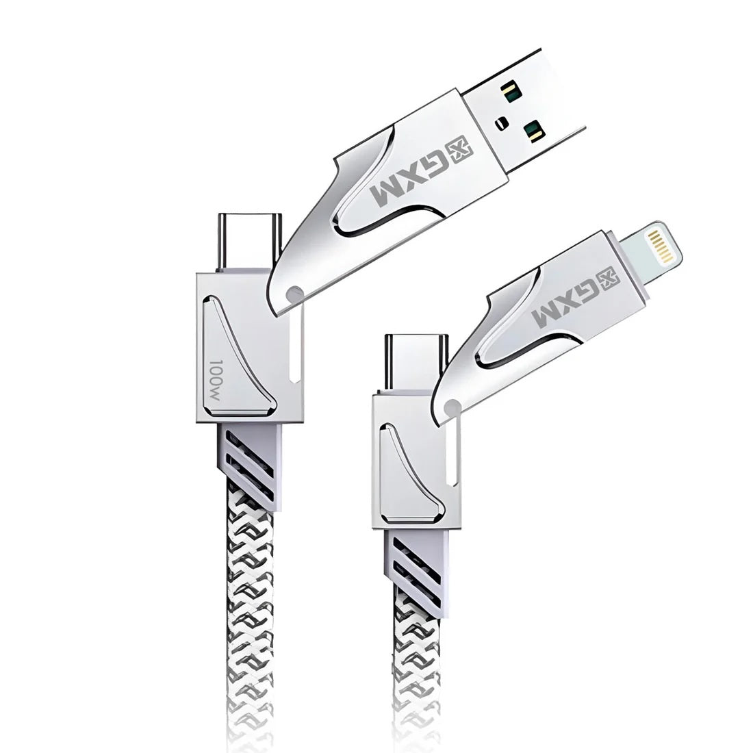 GXM 100W 4 in 1 Fast Charging Data Cable PD, USB-C & USB-A to Type-C/Lightning, 480Mbps, 1.2m Braided Cable CBT100