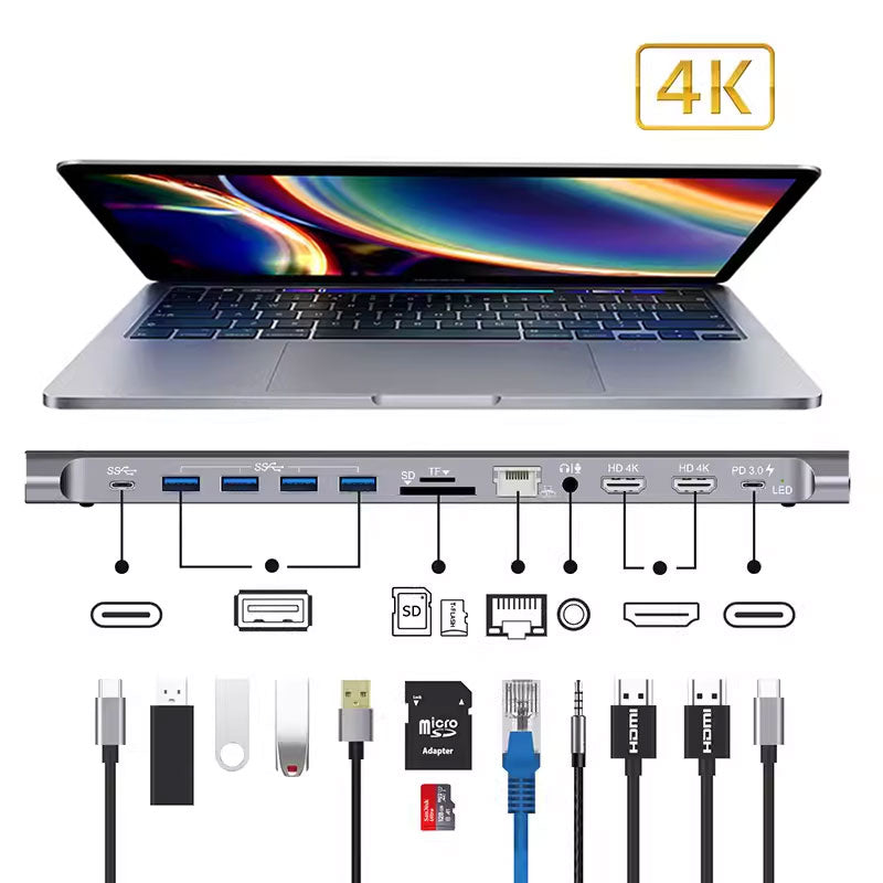 GXM 12 in 1 Hub Type-C Multi Function Docking Station 4K Resolution 60Hz USB 3.0 RJ45 1000Mbps Internet USB 3.0 Hub
