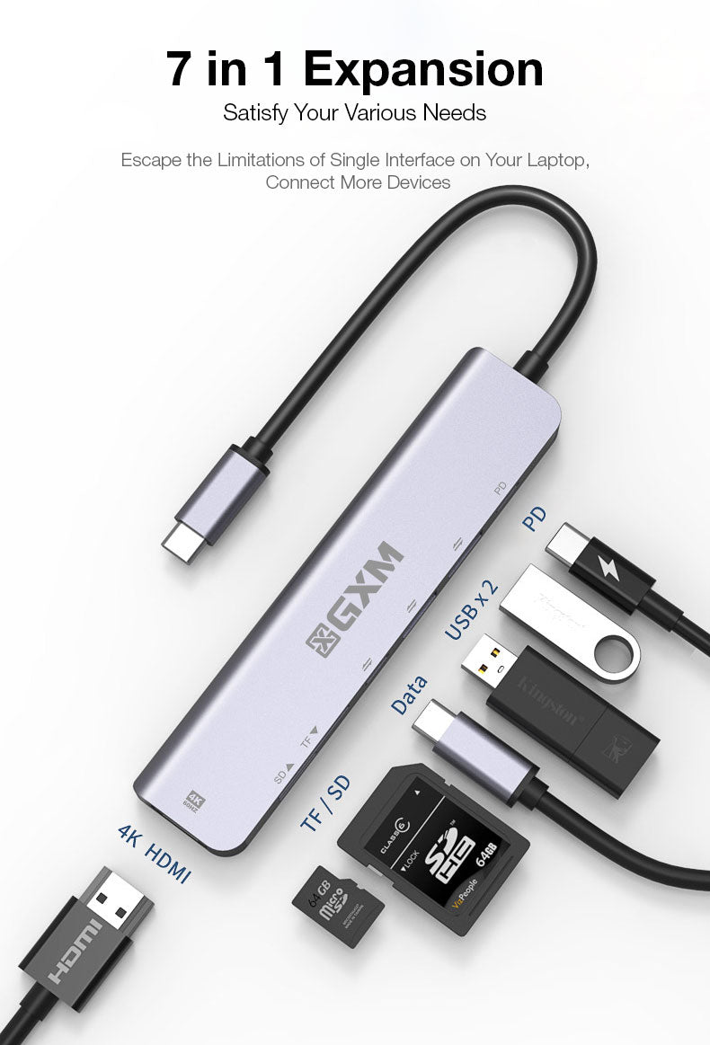 GXM 7 IN 1 USB-C Docking Station Hub HDMI PD Charging Type-C Hub 2x 1x SD TF Card Slot Laptop Mobile Phone UC902