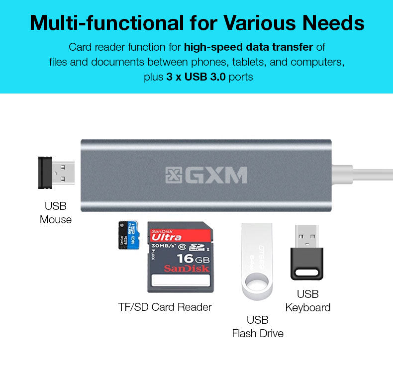 GXM 5 IN 1 Mult-function Hub Type-C Hub 3x USB 3.0 1x SD TF Card Slot Laptop Mobile Phone 9597