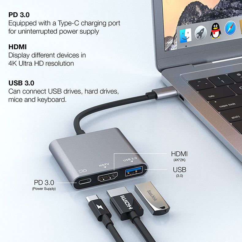 GXM 3 IN 1 Type-C to HDMI Adapter HDMI PD Charging USB Laptop Mobile Phone Hub 9175