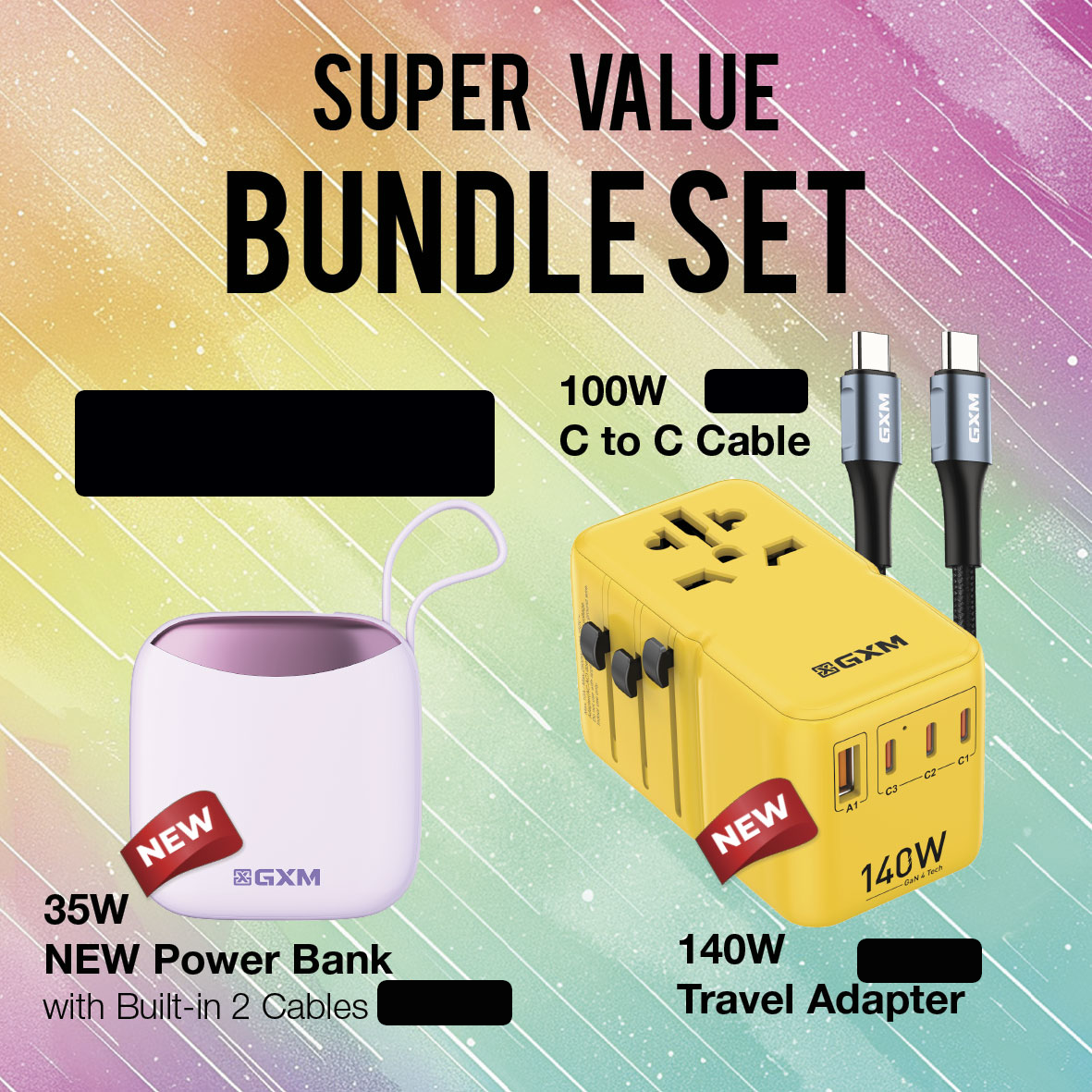 GXM 140W GaN Travel Adapter 150 Countries Charge Laptop Phone Tablet 3 Products Fast Charging Samsung SFC 2.0