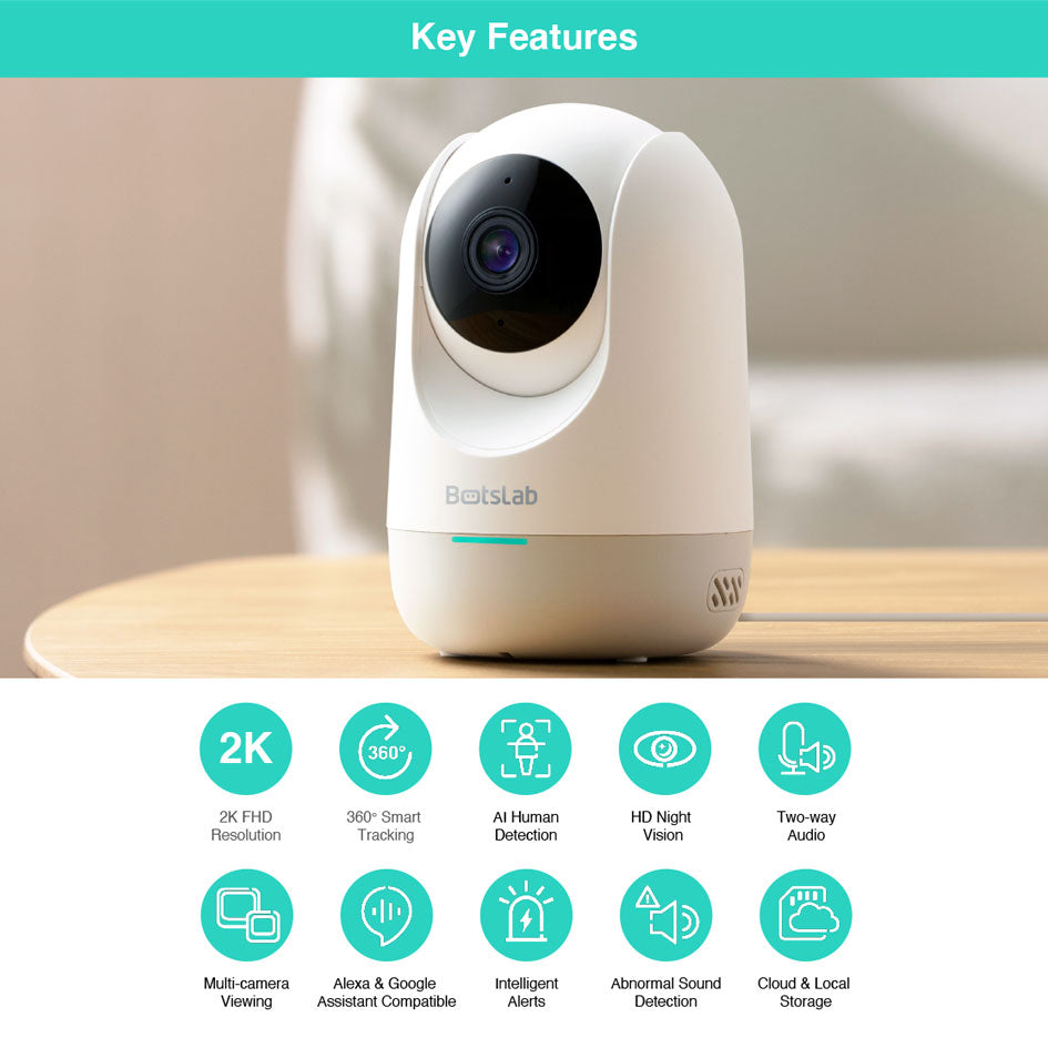 Botslab C211 Pan Tilt Wifi 360 IP Camera CCTV Home Security Camera 2K 355° Two-way Audio Baby Monitor Motion Detection Night Vision Apps Control