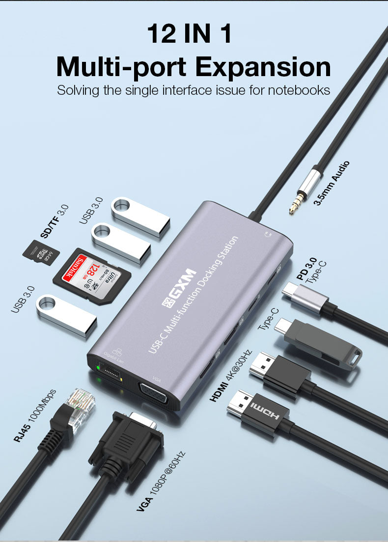 GXM 12 IN 1 USB-C Multi-function Hub 2x HDMI RJ45 LAN Type-C PD Charging TF SD Card Slot 3x USB Laptop Phone UC601