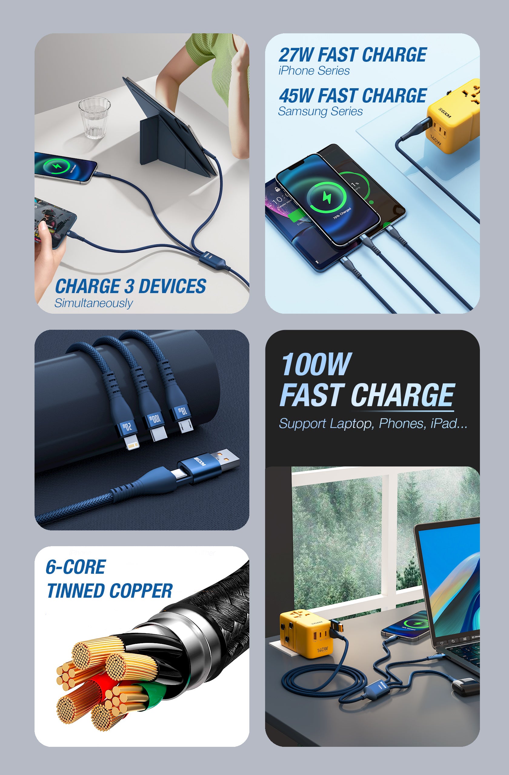 GXM 6 in 1 PD100W Quick Charging Data Cable for Laptop Tablets Phones iP Type-C MicroUSB and Data Transfer Cable