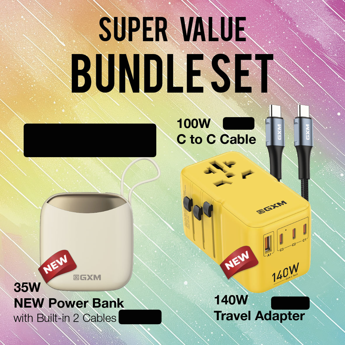 GXM 140W GaN Travel Adapter 150 Countries Charge Laptop Phone Tablet 3 Products Fast Charging Samsung SFC 2.0