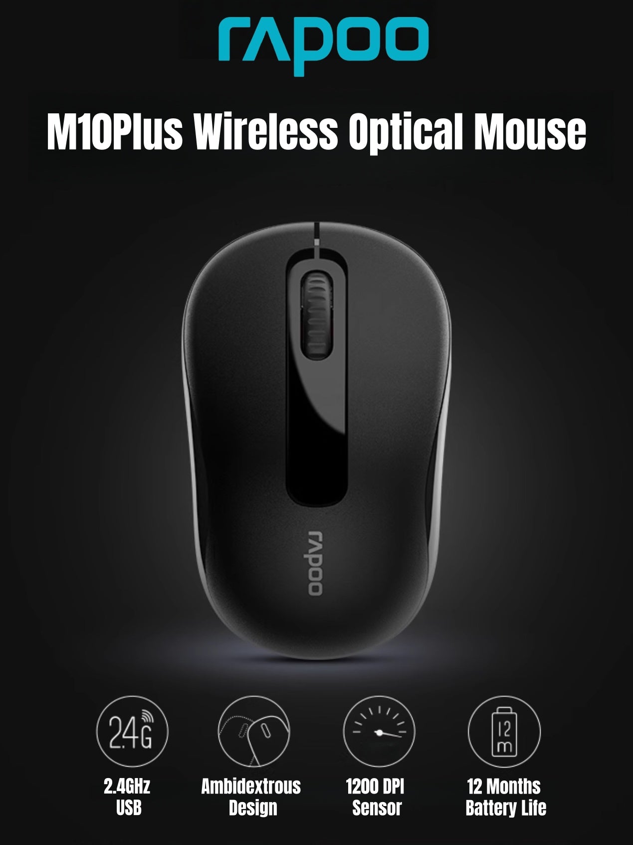 RAPOO M10 Plus 2.4GHz Wireless Optical Mouse | 1200 DPI | Ergonomic Ambidextrous Design | 12-Month Battery Life
