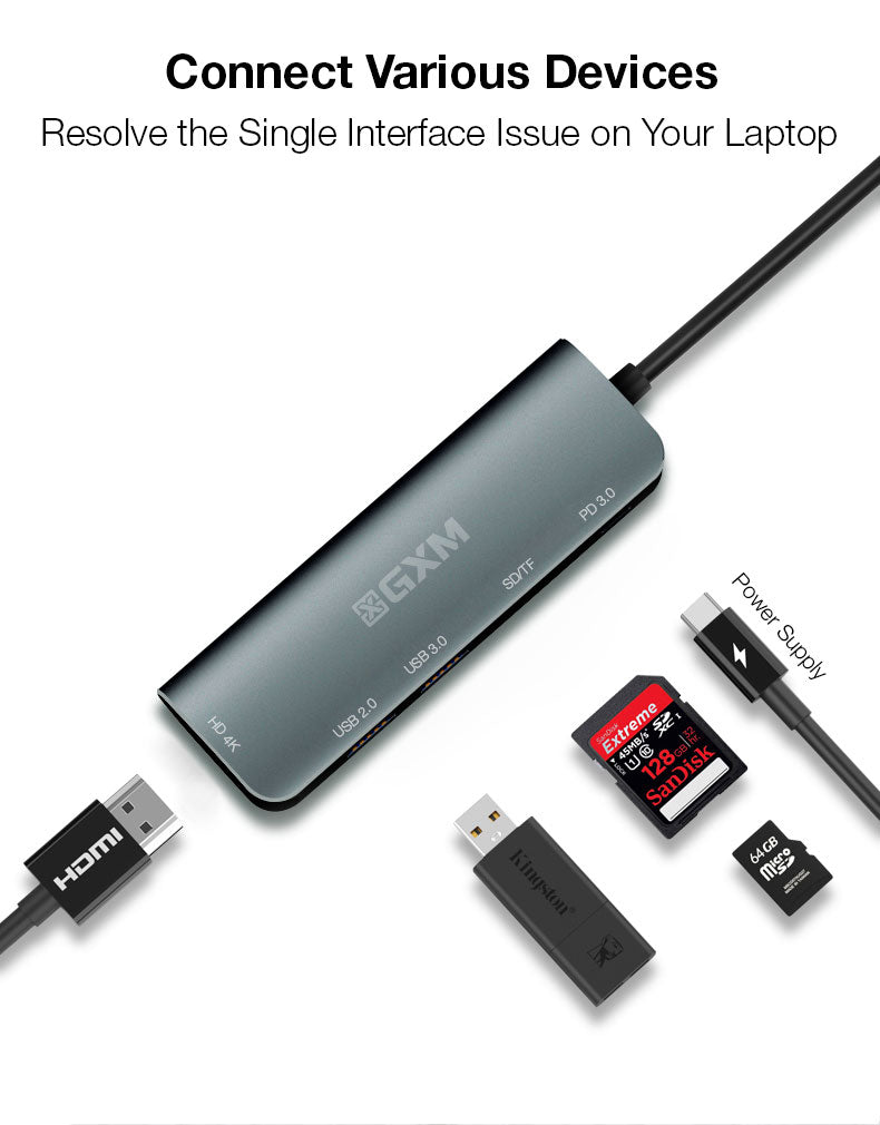 GXM 6 IN 1 USB-C Multi-function Dock Station 4K HDMI PD3.0 USB SD TF Card Slot Laptop Mobile Phone Hub 95116D