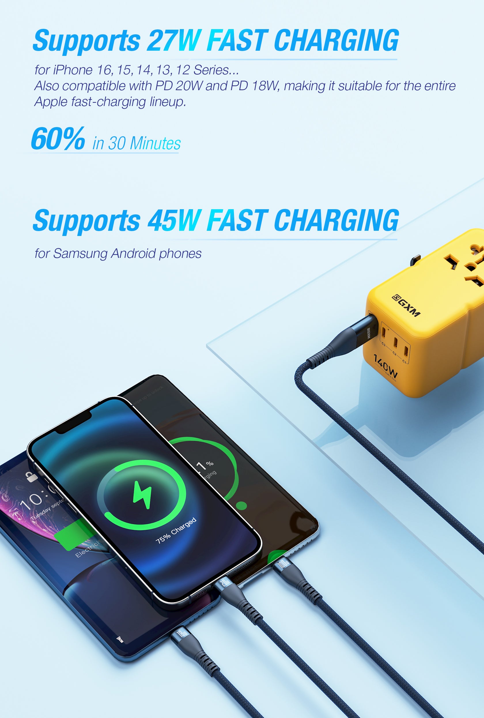 GXM 6 in 1 PD100W Quick Charging Data Cable for Laptop Tablets Phones iP Type-C MicroUSB and Data Transfer Cable