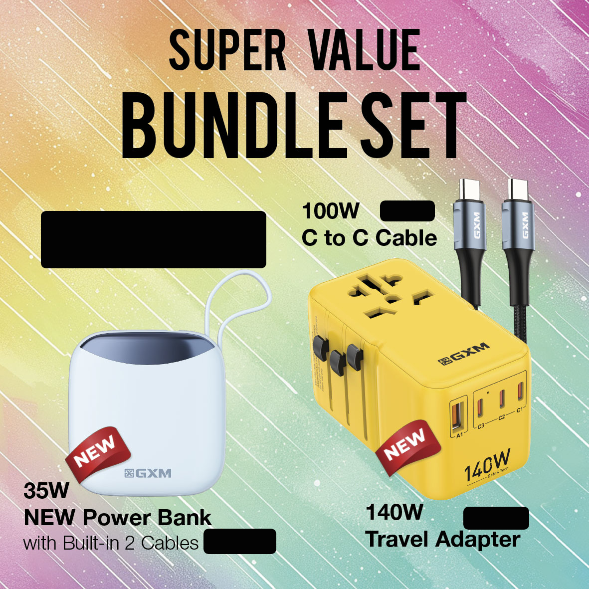 GXM 140W GaN Travel Adapter 150 Countries Charge Laptop Phone Tablet 3 Products Fast Charging Samsung SFC 2.0