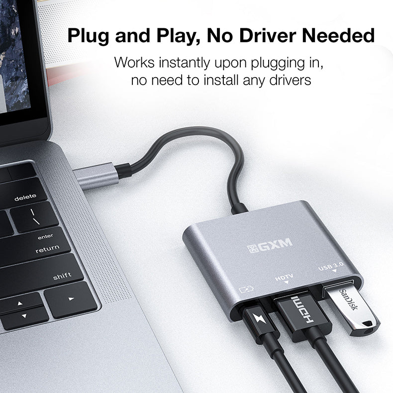GXM 3 IN 1 Type-C to HDMI Adapter HDMI PD Charging USB Laptop Mobile Phone Hub 9175