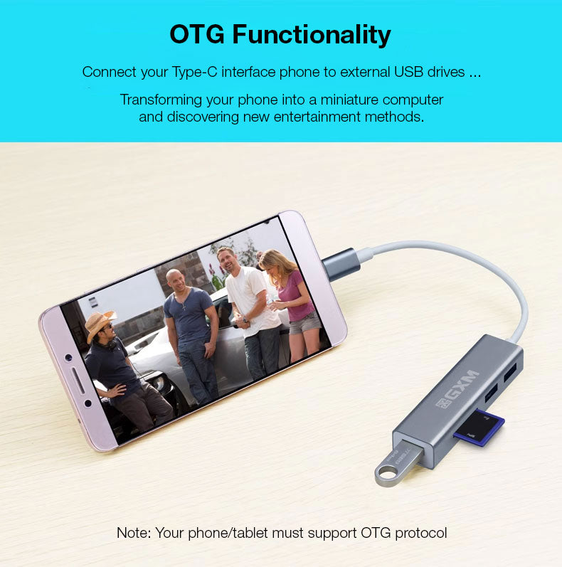 GXM 5 IN 1 Mult-function Hub Type-C Hub 3x USB 3.0 1x SD TF Card Slot Laptop Mobile Phone 9597