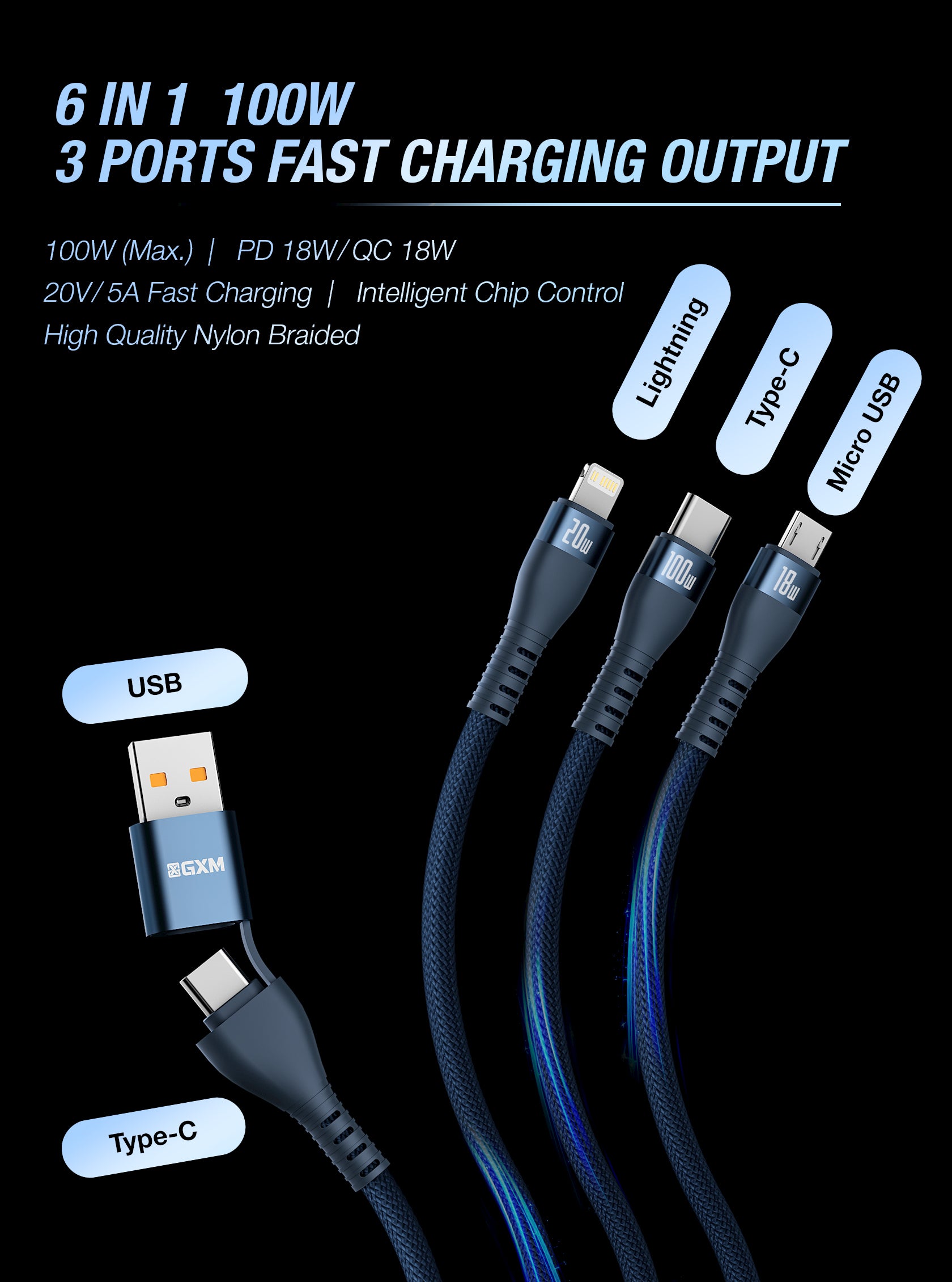 GXM 6 in 1 PD100W Quick Charging Data Cable for Laptop Tablets Phones iP Type-C MicroUSB and Data Transfer Cable