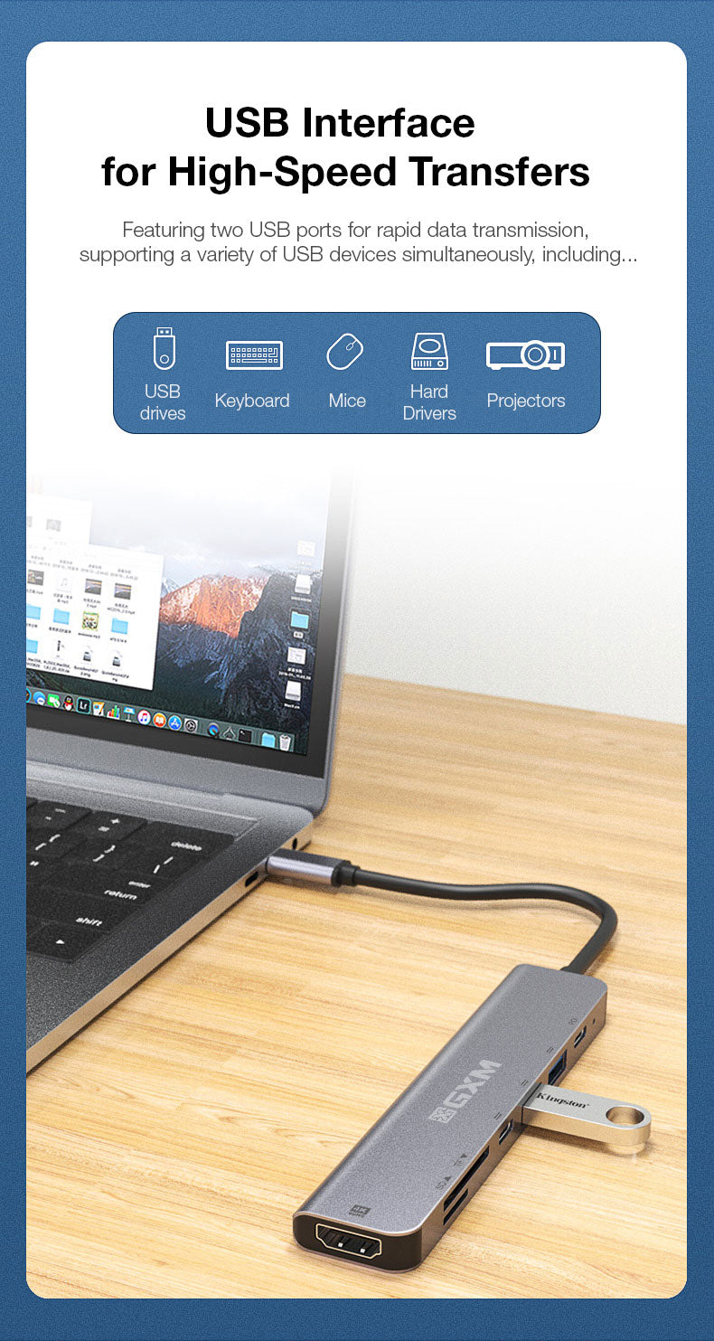 GXM 7 IN 1 USB-C Docking Station Hub HDMI PD Charging Type-C Hub 2x 1x SD TF Card Slot Laptop Mobile Phone UC902