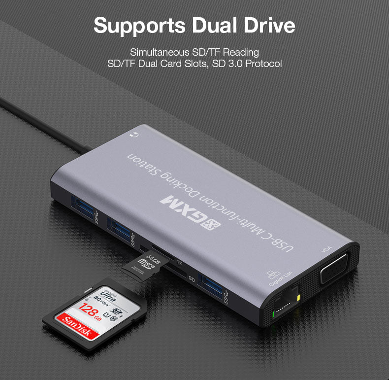 GXM 12 IN 1 USB-C Multi-function Hub 2x HDMI RJ45 LAN Type-C PD Charging TF SD Card Slot 3x USB Laptop Phone UC601