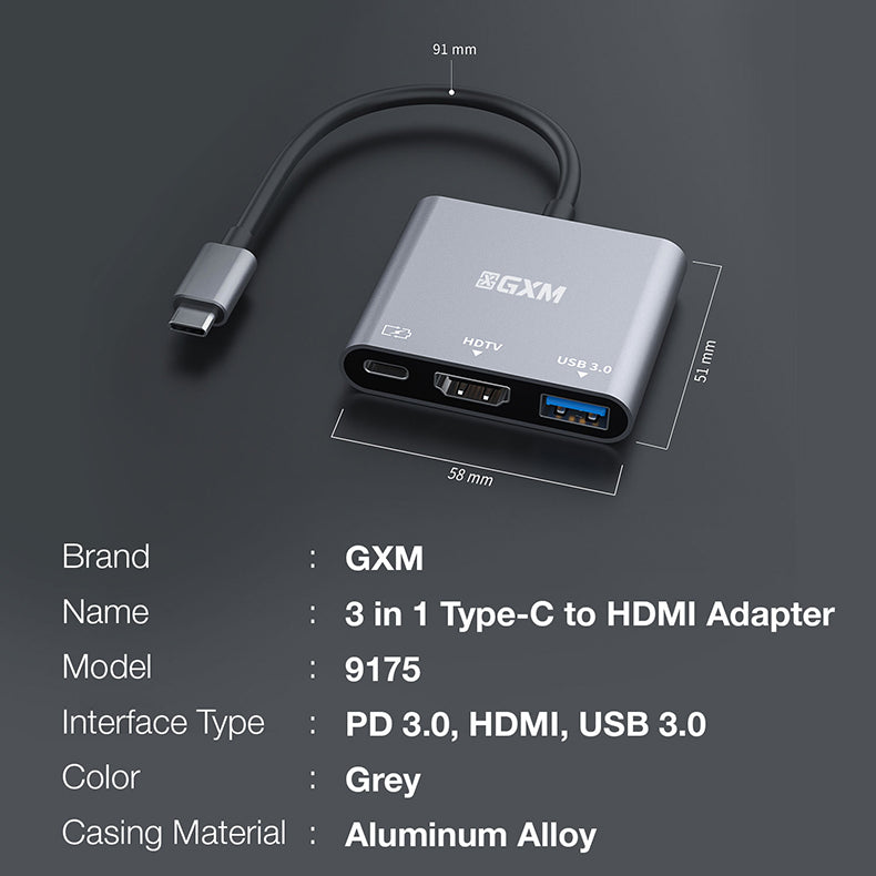 GXM 3 IN 1 Type-C to HDMI Adapter HDMI PD Charging USB Laptop Mobile Phone Hub 9175