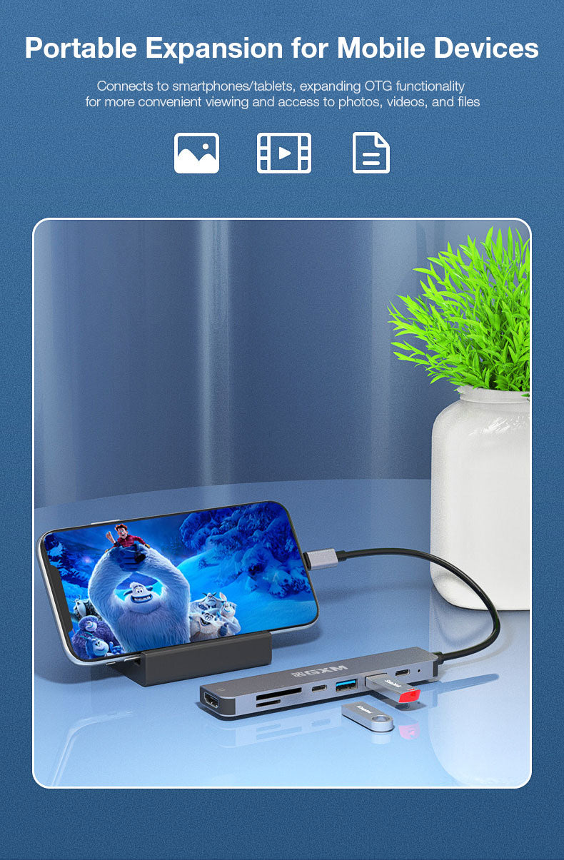 GXM 7 IN 1 USB-C Docking Station Hub HDMI PD Charging Type-C Hub 2x 1x SD TF Card Slot Laptop Mobile Phone UC902