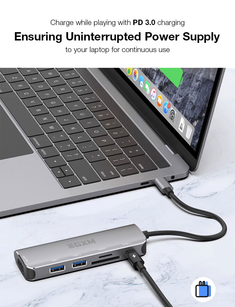 GXM 6 IN 1 USB-C Multi-function Dock Station 4K HDMI PD3.0 USB SD TF Card Slot Laptop Mobile Phone Hub 95116D