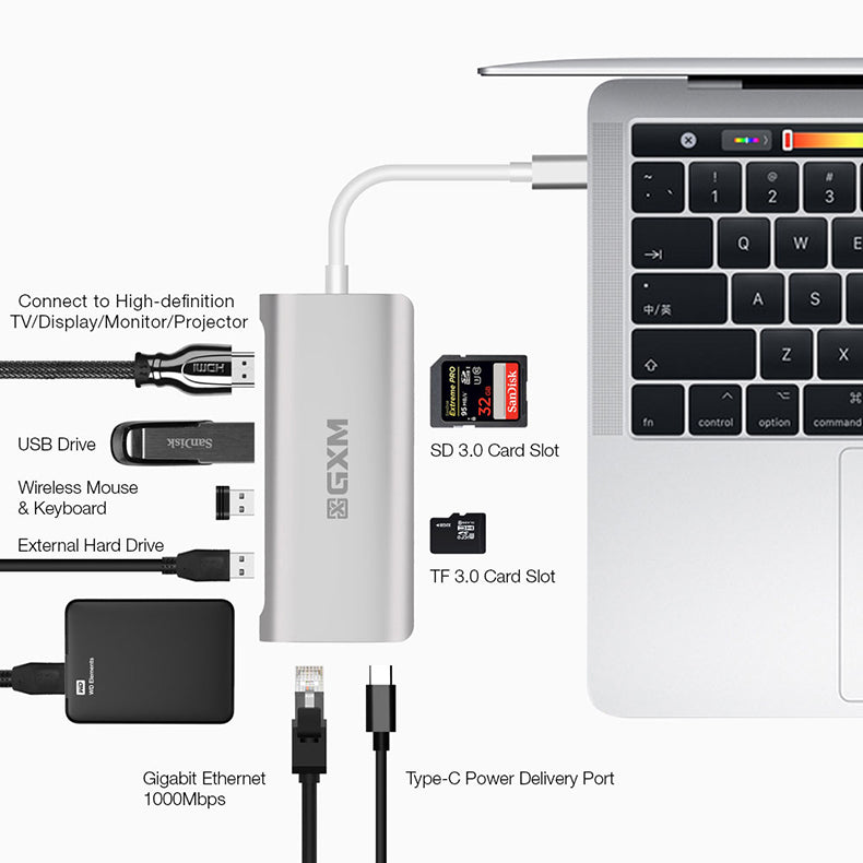 GXM 8 IN 1 USB-C Multi-function dock station HDMI RJ45 LAN 1000Mbps PD Charging TF SD Card 3.0 Slot 3x USB Laptop Mobile Phone Hub 9591C