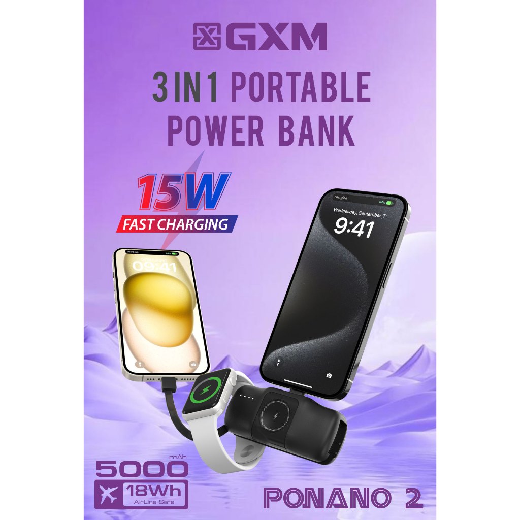 GXM 15W Ponano 2 Power Bank Watch Charging Built-in Type-C Cable Built-in Charger 5000mAh Airline Safe
