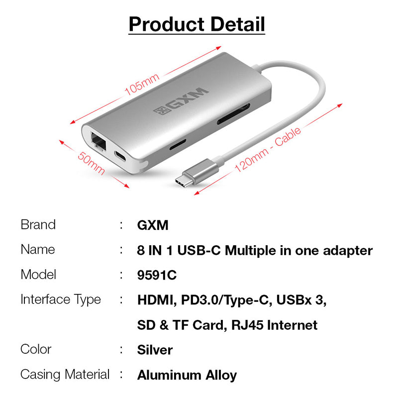 GXM 8 IN 1 USB-C Multi-function dock station HDMI RJ45 LAN 1000Mbps PD Charging TF SD Card 3.0 Slot 3x USB Laptop Mobile Phone Hub 9591C