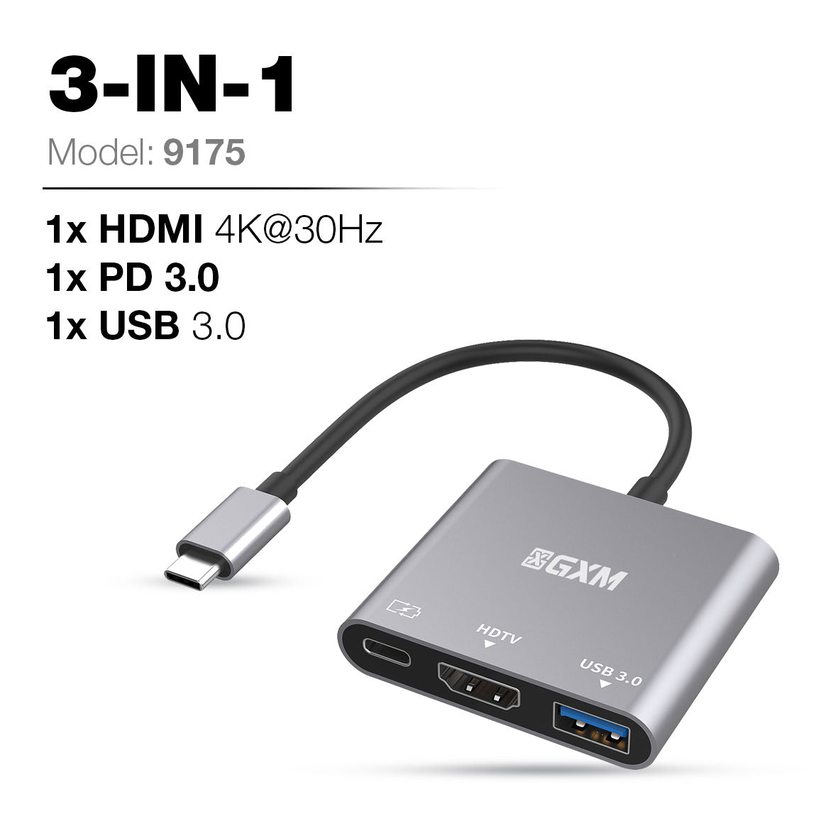 GXM 3 IN 1 Type-C to HDMI Adapter HDMI PD Charging USB Laptop Mobile Phone Hub 9175