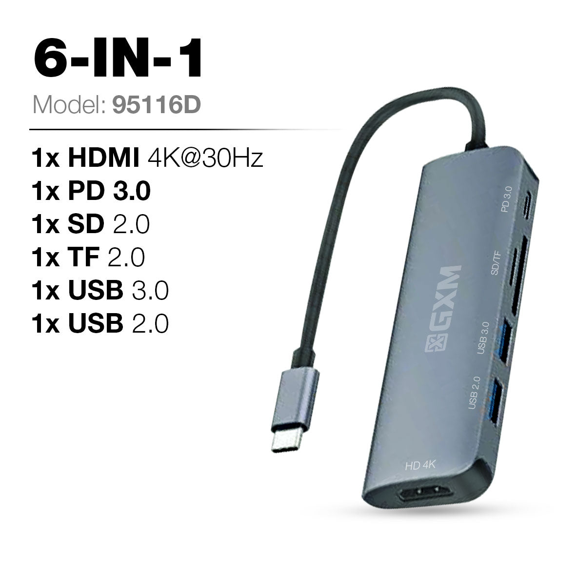 GXM 6 IN 1 USB-C Multi-function Dock Station 4K HDMI PD3.0 USB SD TF Card Slot Laptop Mobile Phone Hub 95116D