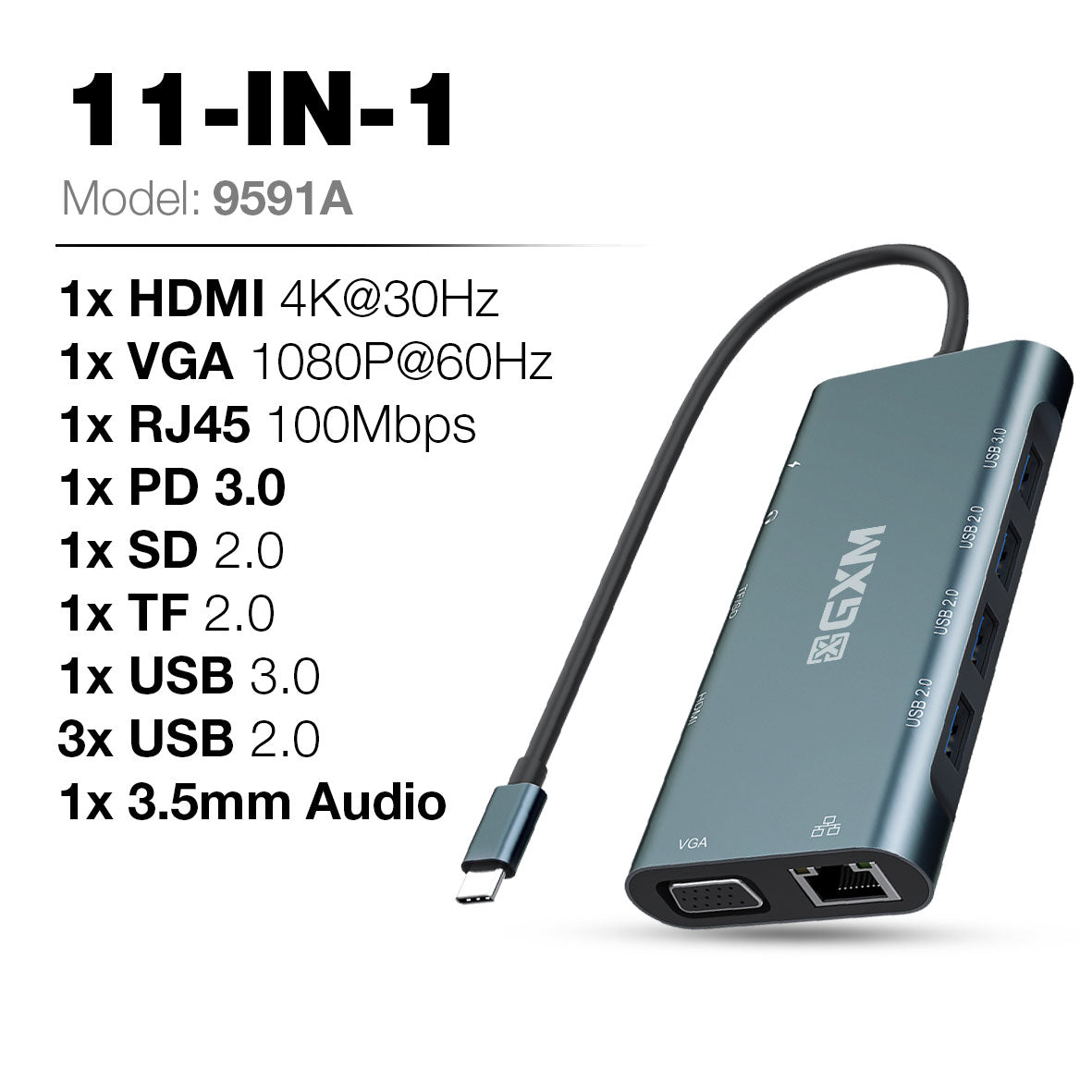GXM 11 IN 1 USB-C Multi-function dock station HDMI RJ45 LAN PD Charging TF SD Card Slot 4x USB Laptop Mobile Phone 9591A