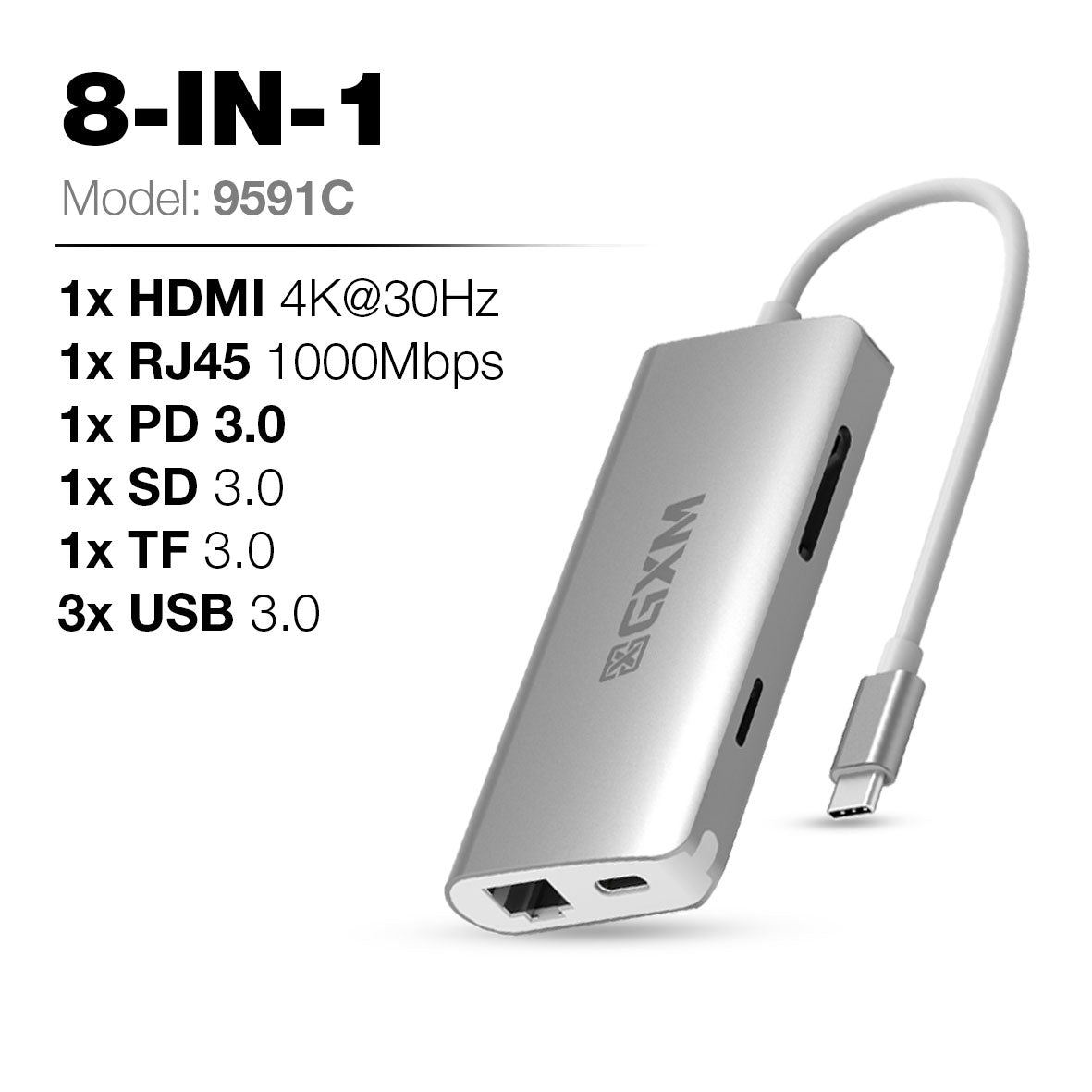 GXM 8 IN 1 USB-C Multi-function dock station HDMI RJ45 LAN 1000Mbps PD Charging TF SD Card 3.0 Slot 3x USB Laptop Mobile Phone Hub 9591C