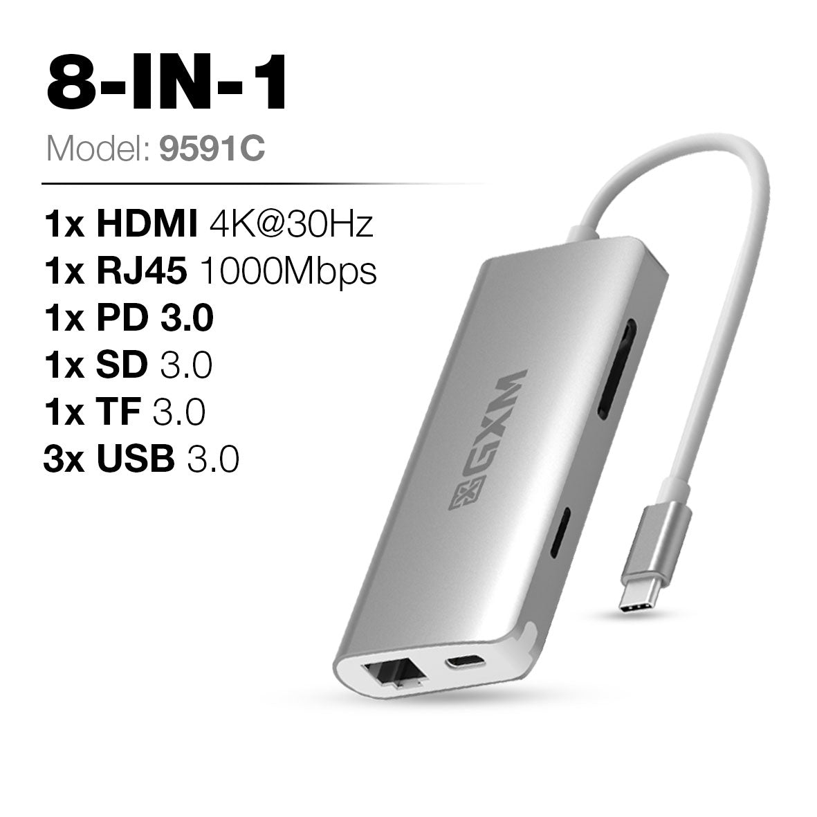 GXM 8 IN 1 USB-C Multi-function dock station HDMI RJ45 LAN 1000Mbps PD Charging TF SD Card 3.0 Slot 3x USB Laptop Mobile Phone 9591C