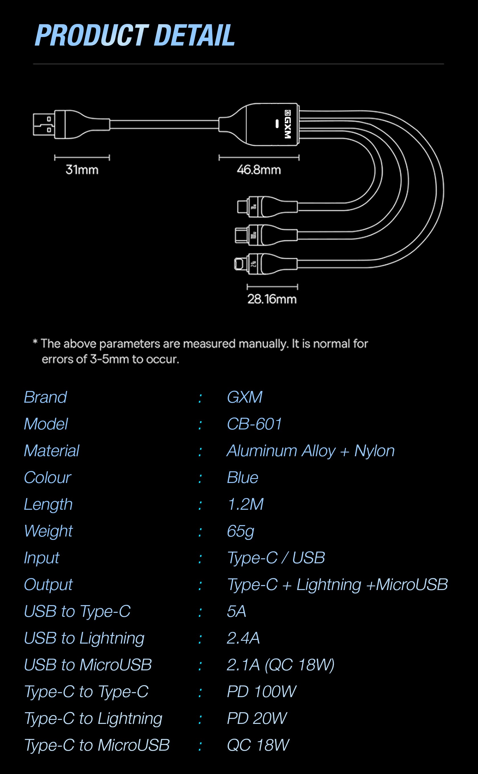GXM 6 in 1 PD100W Quick Charging Data Cable for Laptop Tablets Phones iP Type-C MicroUSB and Data Transfer Cable