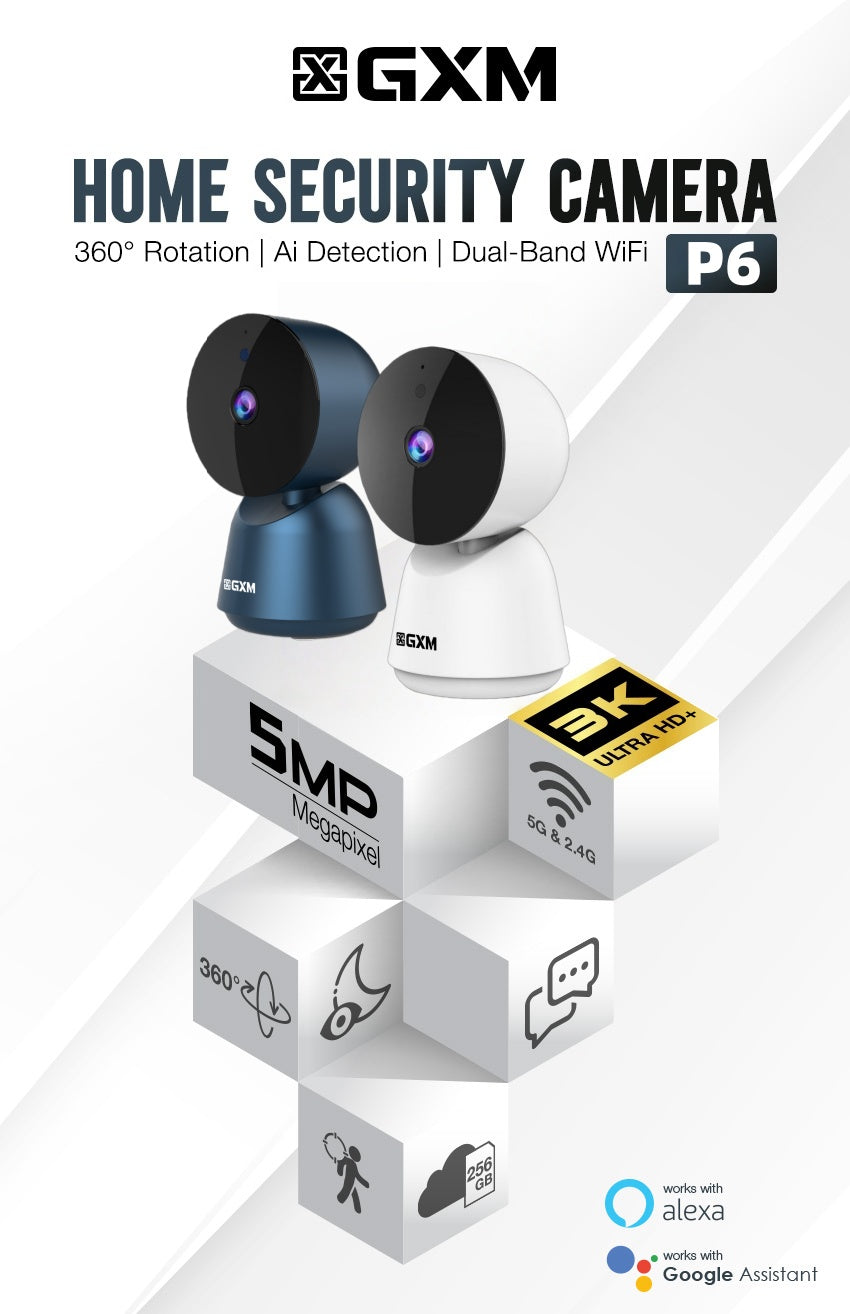 GXM P6 5MP 3K Smart Camera CCTV Baby Monitor Night Vision 360 Rotation DualBand IP Security Camea Dual-Band WiFi 2.4G/5G | 360° Auto Tracking | Night Vision | AI Detection | 2-Way Audio | Supports PC Web Viewing | Up to 256GB SD | SG 1-Year Warranty