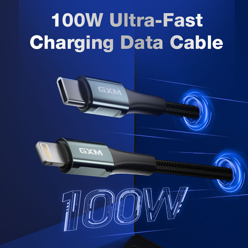 GXM 100W Ultra-Fast Charging Data Cable Type-C Lightning USB 1M 2M Data Transfer Durable Bends Temperature Control 27W Apple Fast 30W PD iPad Fast Charging